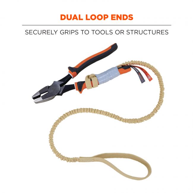 Dual loop ends: securely grips to tools or structures. Image shows lanyard attached to pliers with tape and tails. 