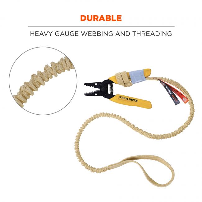 Durable: heavy gauge webbing and threading. Image shows detail of threading, and lanyard attached to tool. 