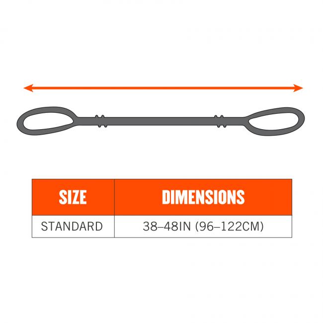 Size chart. Standard size is 38-48in (96-122cm).