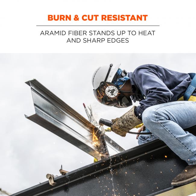 Burn & cut resistant: aramid fiber stands up to heat and sharp edges. Image shows worker using tethered tool. 