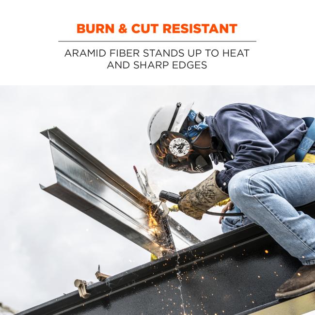 Burn & cut resistant: aramid fiber stands up to heat and sharp edges. Image shows worker using tethered tool.
