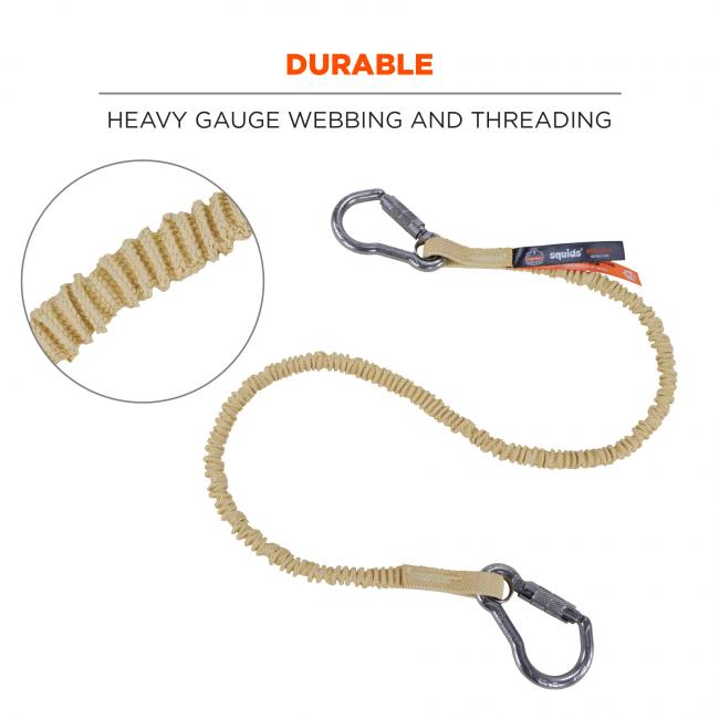 Durable: heavy gauge webbing and threading. Image shows detail of threading, and lanyard attached to tool. 