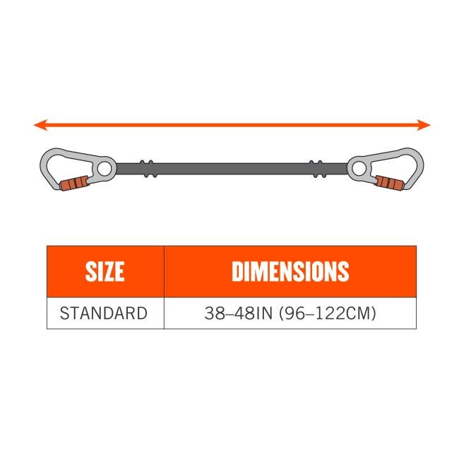 Size chart. Standard size is 38-48in (96-122cm).