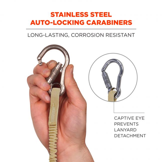 Stainless steel auto-locking carabiners: long-lasting, corrosion resistant. Image shows detail of carabiner and says “captive eye prevents lanyard detachment” 