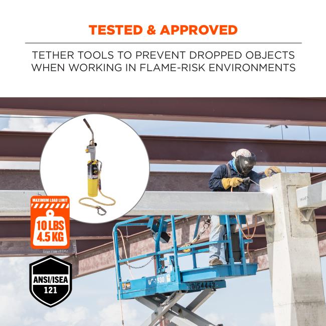 Tested & approved: tether tools to prevent dropped objects when working in flame-risk environments. Image shows at-heiights worker. Icons on lower left say “max. Load limit 101 lbs/4.5kg” and “ansi/isea 121”