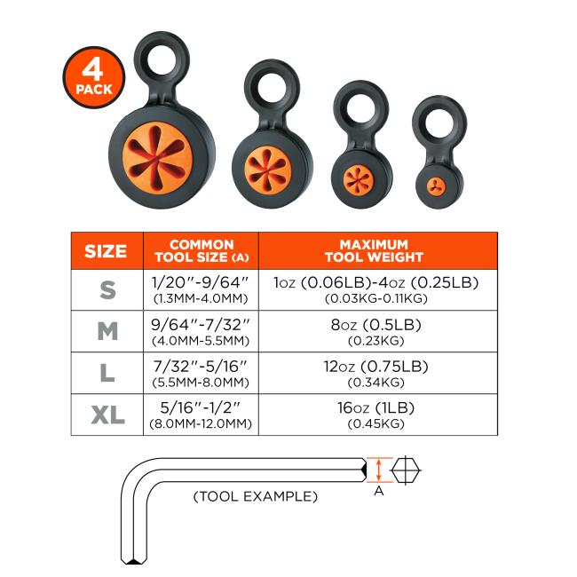 Size small: common tool size is 1/20 to 9/64 inches or 1.3 mm to 4 mm, maximum tool weight is 1oz (0.06 pounds) to 4oz (0.25 pounds) or 0.03 kg to 0.11 kg. Size medium: common tool size is 9/64 to 7/32 inchesor 4 mm to 5.5 mm, maximum tool weight is 8oz (0.5 pounds) or 0.23 kg. Size large: common tool size is 7/32 to 5/16 inches or 5.5 mm to 8 mm, maximum tool weight is 12oz (0.75 pounds) to 0.34 kg. Size extra large: common tool size is 5/16 to 1/2 inches or 8 mm to 12 mm, maximum tool weight is 16oz (1 po