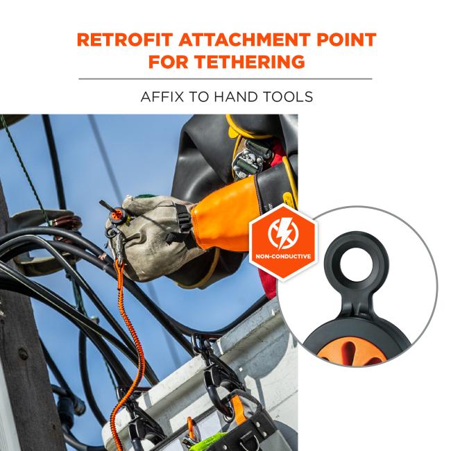 Retrofit attachment point for tethering, affix to hand tools. Non conductive