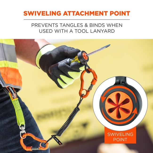 Swiveling attachment point, prevents tangles and binds when used with a tool lanyard