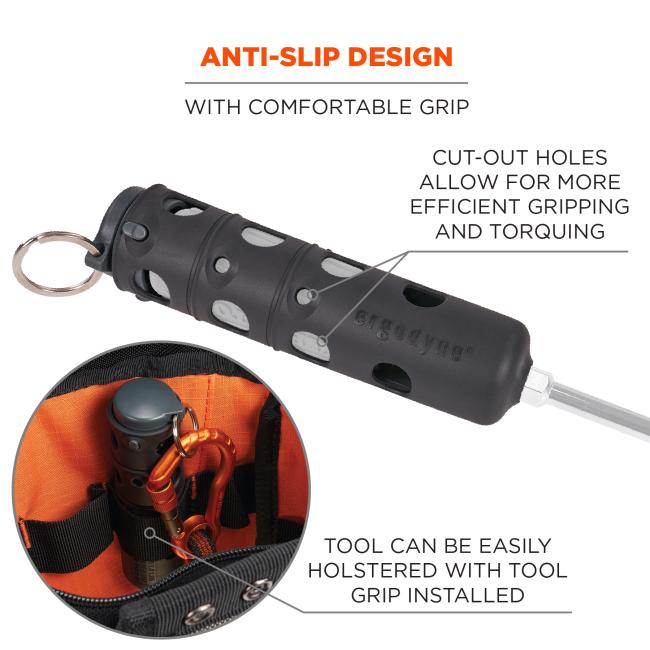 Comfortable grip with cut-out holes for more efficient gripping and torquing. Tool can be easily holstered with tool grip instead