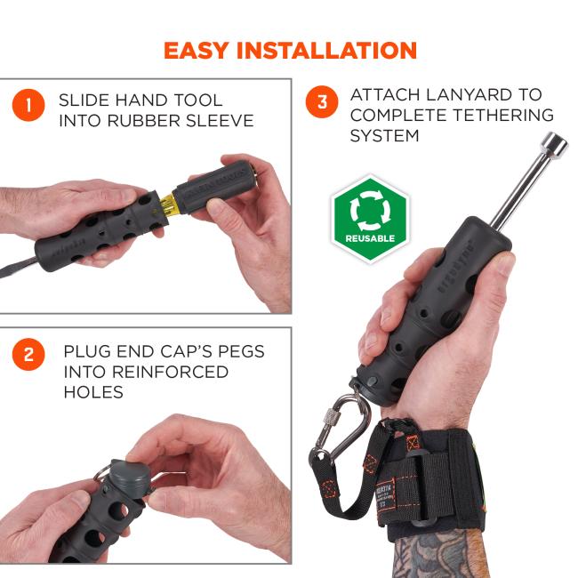 Slide hand tool into rubber sleeve, plug end cap's pegs into reinforced holes, and attach lanyard to complete tethering system. Reusable