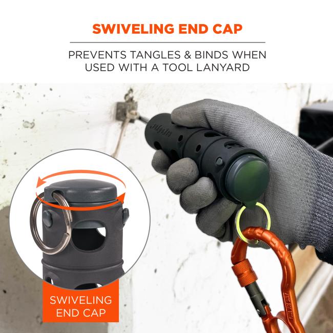 Prevents tangles and binds when used with a tool lanyard, features a swiveling end cap