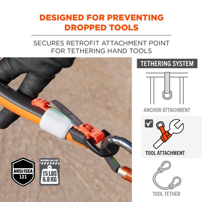Designed for preventing dropped tools. Secures retrofit attachment point for tethering hand tools. ANSI/ISEA 121 compliant. Maximum load limit of 15 lbs or 6.8 kg. Tool attachment