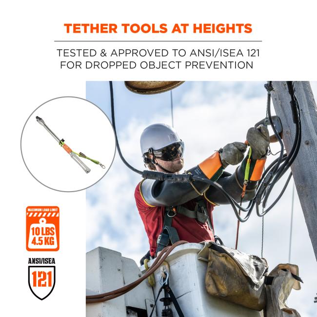 Tether tools at heights: tested & approved to ansi/isea 121 for dropped objects prevention. Image shows detail of tethered hammer, and image of at-heights worker. Icons on lower left say “max. Load limit 15lbs/6.8kg” and “ansi/isea 121”