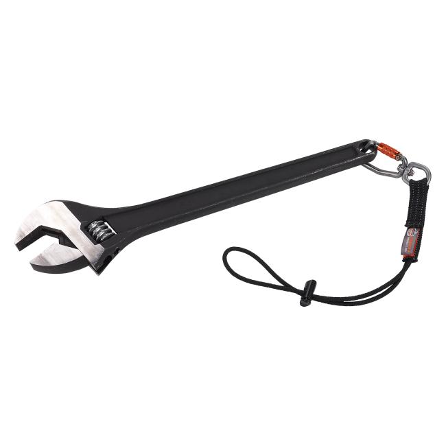 elastic tool tail lanyard attached to a wrench using the carabiner end