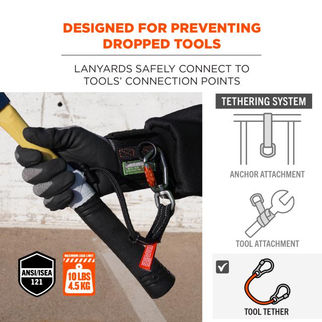 Designed for preventing dropped tools. lanyards safely connect to tools' connection points. ANSI/ISEA 121 compliant. Maximum load limit of 10 lbs or 4.5 kg. Tool tether