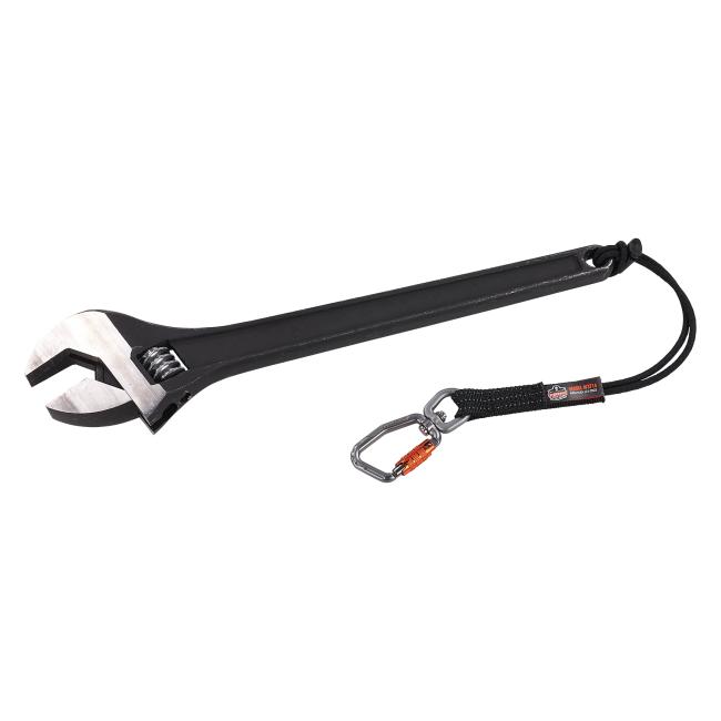 elastic tool tail lanyard attached to a wrench using the loop cinch end