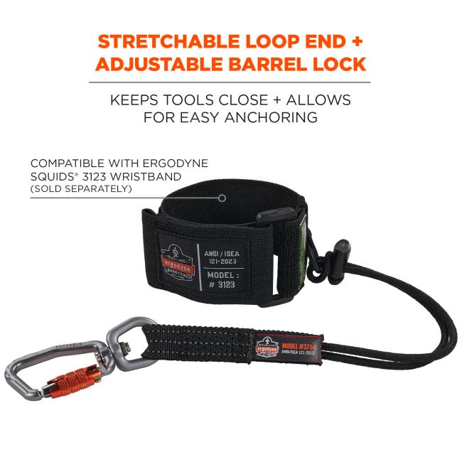 Stretchable loop end and adjustable barrel lock: keeps tools close and allows for easy anchoring. Compatible with ergodyne squids 3123 wristband (sold seperately)
