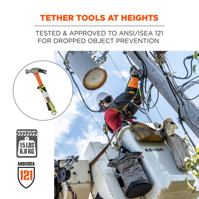 Tether tools at heights: tested & approved to ansi/isea 121 for dropped objects prevention. Image shows detail of tethered hammer, and image of at-heights worker. Icons on lower left say “max. Load limit 15lbs/6.8kg” and “ansi/isea 121”