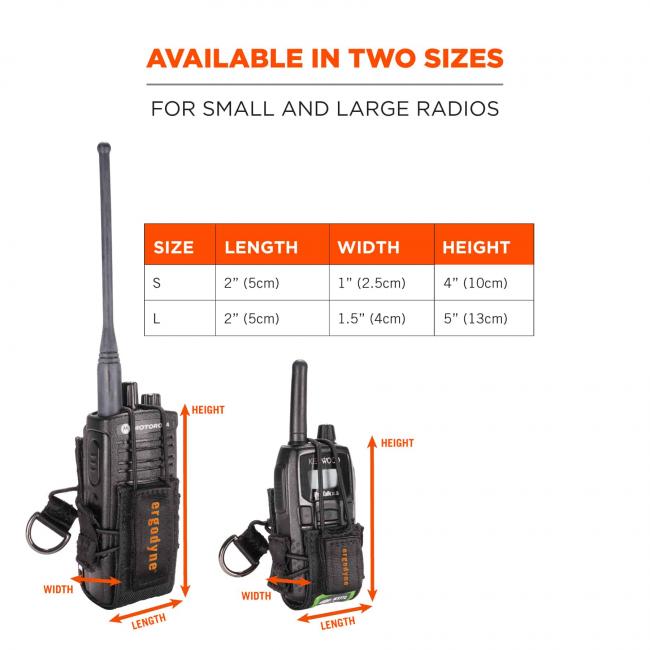 Available in two sizes: for small and large radios. Size S, Length 2” (5cm), width 1” (2.5cm), height 4” (10cm). Size L, Length 2” (5cm), width 1.5” (4cm) and height 5” (13cm)