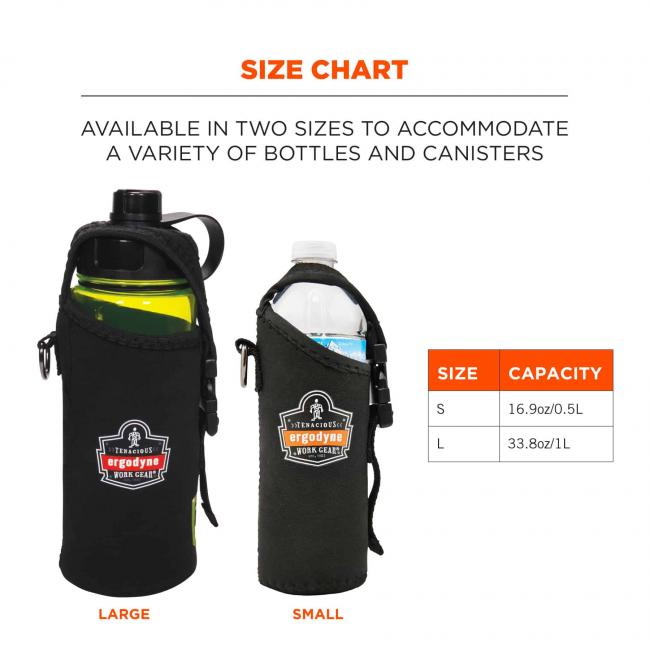 Size chart: available in two sizes to accomodate a variety of bottle and canisters. Holder on left says large, holder on right says small. Size chart - Size S, Capacity: 16.9oz/0.5L. Size L, Capacity 33.8oz/1 L. 