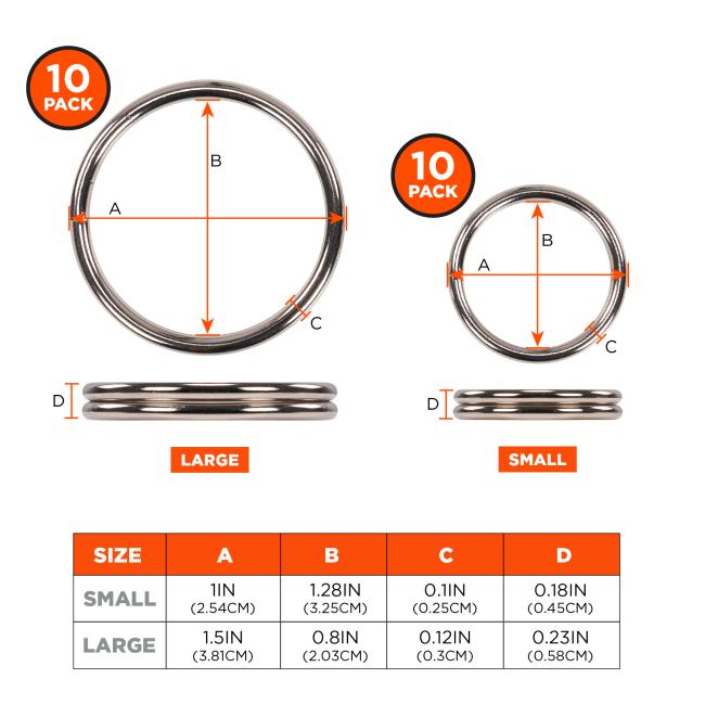 Size small has a width of 1in/2.54cm, length of 1.28in/3.25cm, thickness of 0.1in/0.25cm, and height of 0.18in/0.45cm. Size Large has a width of 1.5in/3.81cm, length of 0.8in/2.03cm, thickness of 0.12in/0.3cm, and height of 0.23in/0.58cm 