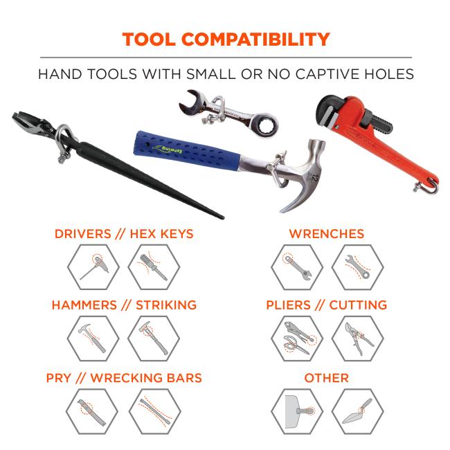 Tool compatibility with hand tools with small or no captive holes. Can include drivers, hex keys, wrenches, hammers, striking, pliers, cutting, pry, wrecking bars, and others.