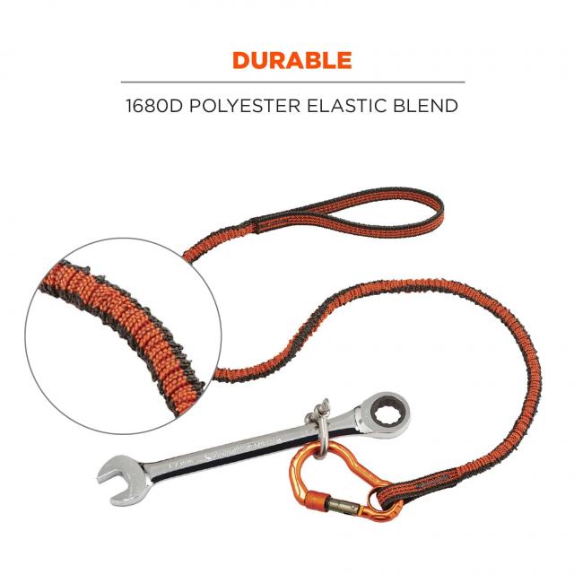 Durable: 1680D polyester elastic blend. Image shows lanyard attached to tool and detail on elastic. 