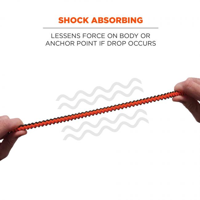Shock absorbing: lessens force on body or anchor point if drop occurs. Image shows detailing on lanyard.