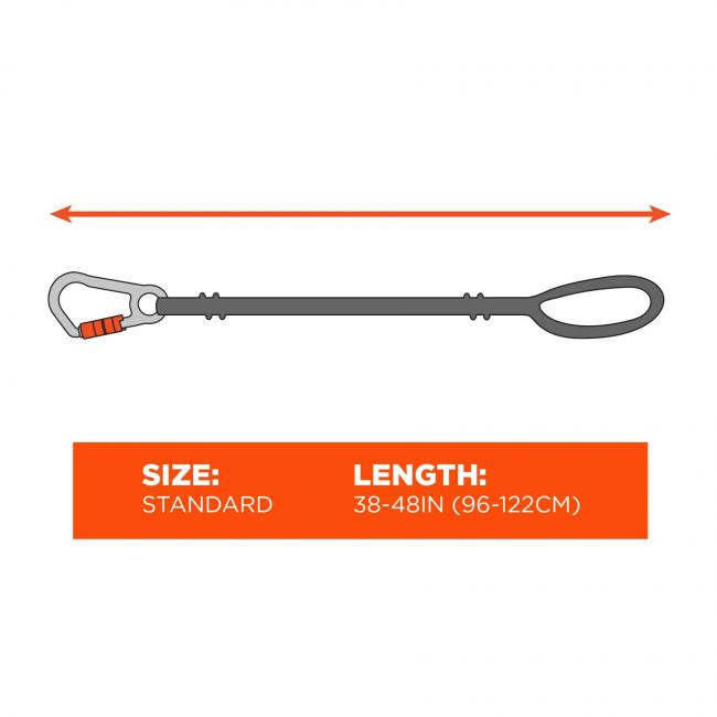 Size chart. Image shows length of lanyard from carabiner to loop is Size: Standard; Length: 38-48in (96-122cm)