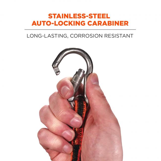 Stainless-steel auto-locking carabiner: long-lasting, corrosion resistant. Image shows person opening carabiner with hand. 