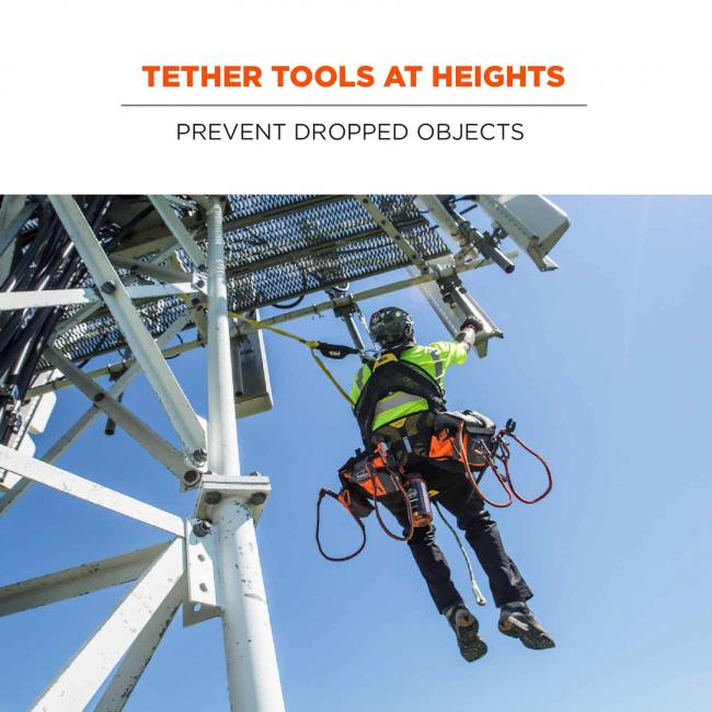 Tether tools at heights: prevent dropped objects. Image of tower climber with tethered tools. 