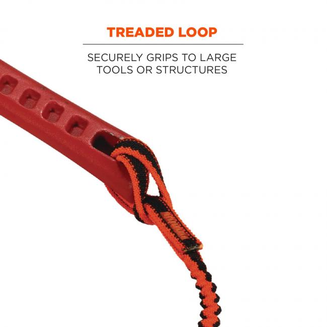 Treaded loop: securely grips too large tools or structures. Image shows loop end of lanyard attached to captive hole on tool.