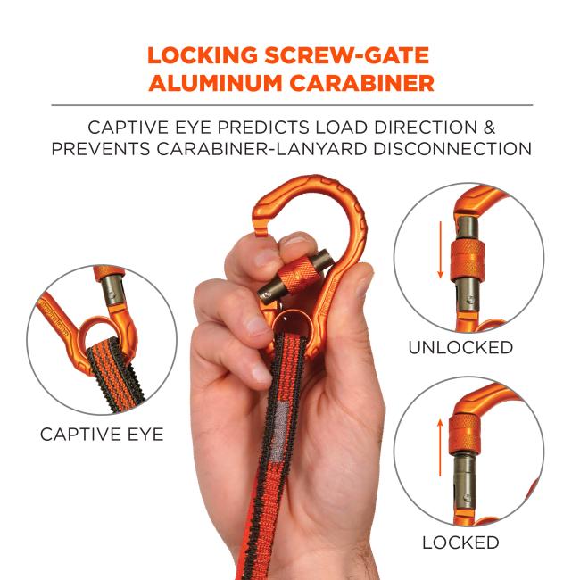 Locking screw-gate aluminum carabiner. Captive eye predicts load direction and prevents carabiner-lanyard disconnection. Captive eye zoomed in. Unlocked vs. locked image