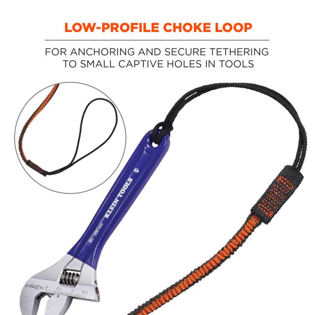 Low-profile choke loop and barrel lock for anchoring and secure tethering to small captive holes in tools