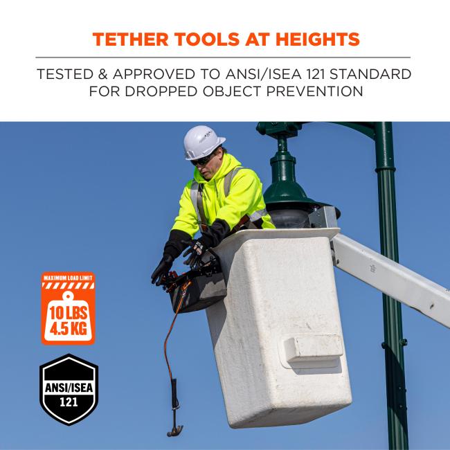 Tether tools at heights. Tested and approved to ANSI/ISEA 121 standard for dropped object prevention. ANSI/ISEA 121. Maximum load limit is 10lbs/4.5kg