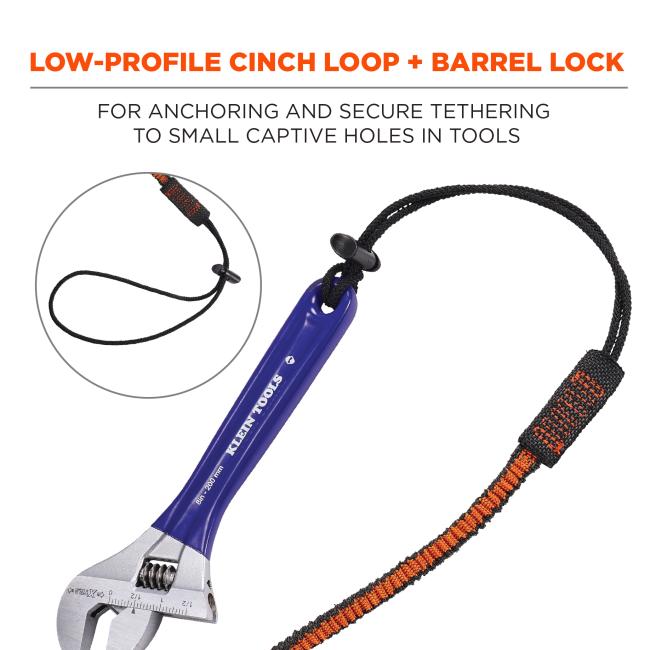 Low-profile cinch loop and barrel lock for anchoring and secure tethering to small captive holes in tools..