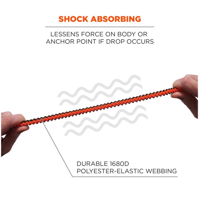 Shock absorbing lessens force on body or anchor point if drop occurs. Durable 1680D polyester-elastic webbing.
