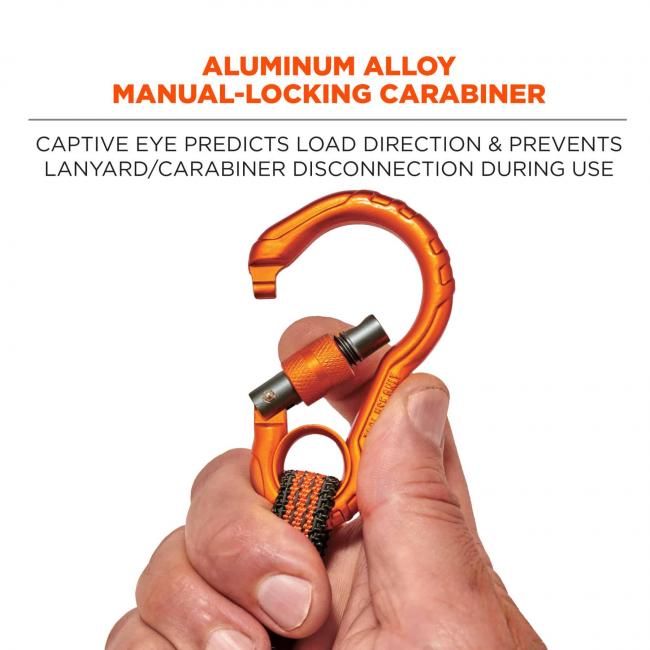 Aluminum alloy manual-locking carabiner: captive eye predicts load direction and prevents lanyards/carabiner disconnection during use. Image shows hand opening carabiner.
