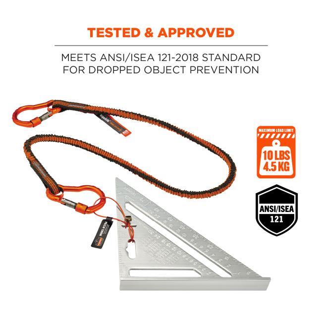 Tested & approved: meets ANSI/ISEA 121-2018 standard for dropped object prevention. Image shows lanyard attached to scissors. Icons on bottom right say “max. Load limit 10lbs/4.5kg)” and “ANSI/ISEA 121 compliant”