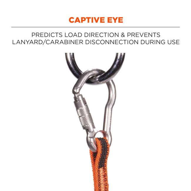 Captive eye: predicts load direction and prevents lanyard/carabiner disconnection during use. Image shows carabiner attached to anchor point. 