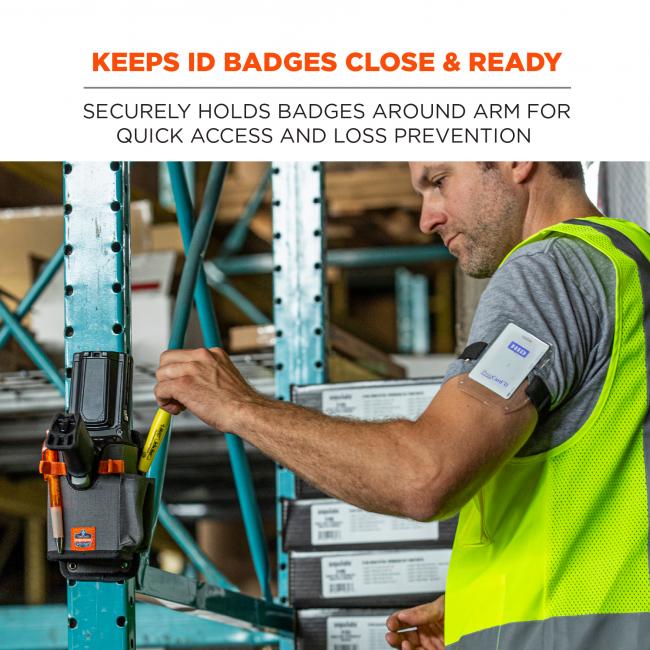 Keeps ID badges close and reasy. Securely holds badges around arm for quick access and loss prevention