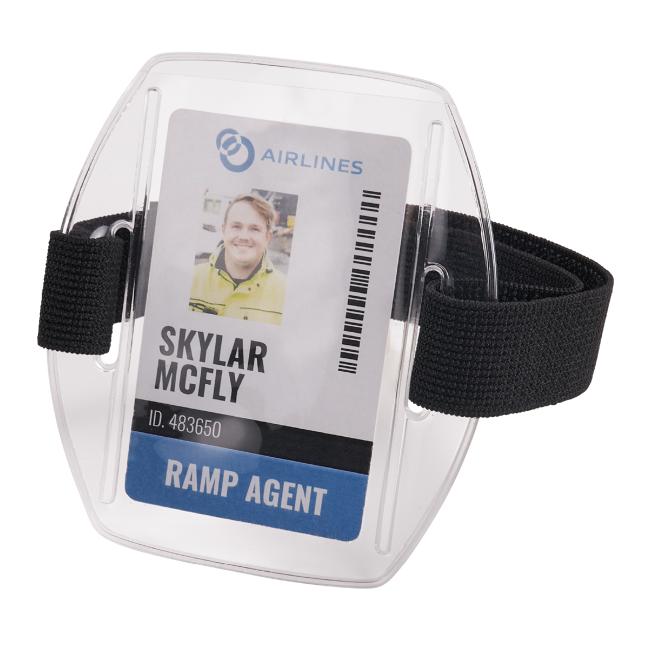 Front view of black vinyl arm band id badge holder