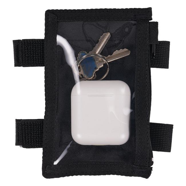 Dual band ID badge holder front view holding keys and headphone case