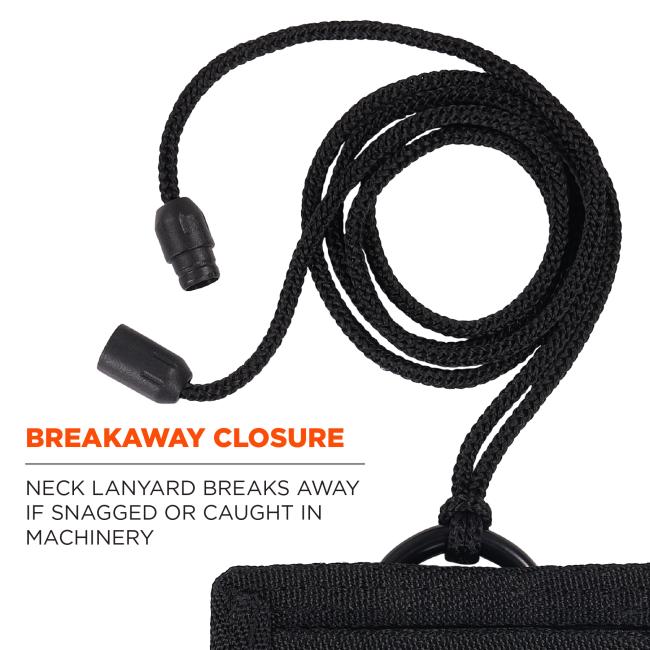 Breakaway closure: neck lanyard breaks away if snagged or caught in machinery