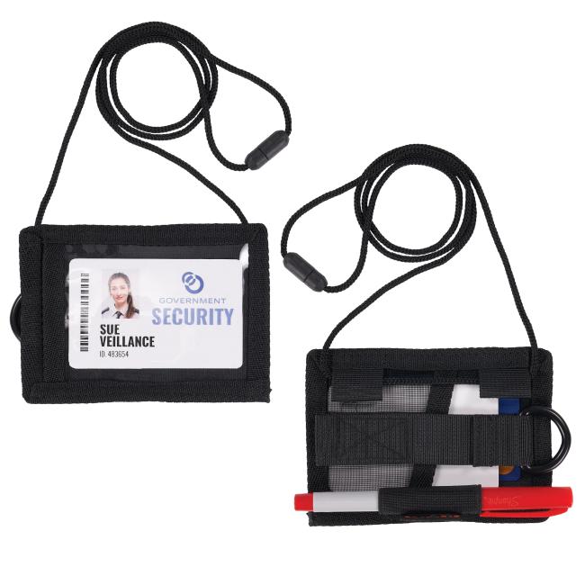 Wallet badge ID holder, front and back with ID in horizontal position.