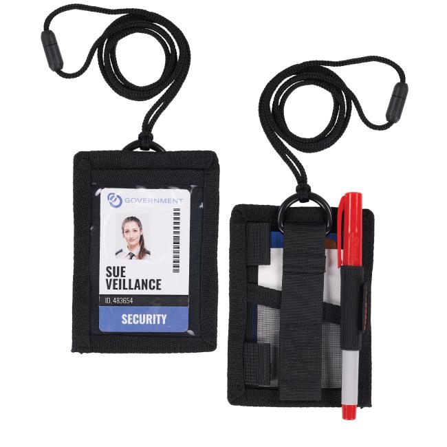 Wallet badge ID holder, front and back with ID in vertical position.