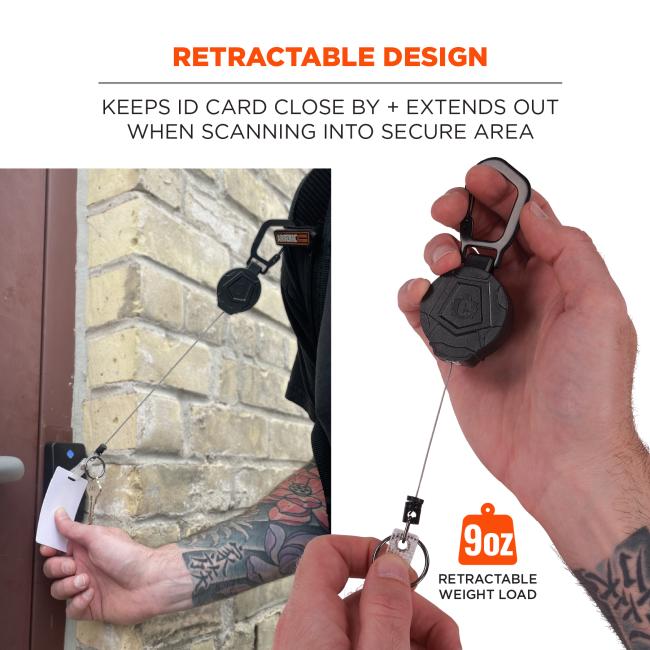 Retractable design: keeps ID card close by and extends out when scanning into secure area. 9 ounces of retractable weight load