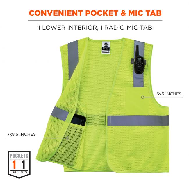 Convenient pocket & mic tab: 1 lower interior, 1 radio mic tab. Left arrow points to inner pocket and says 7x8.5inches. Right arrow points to outer pocket and says 5x6 inches. Icon on bottom left says POCKETS: 1 INNER, 1 OUTER. 