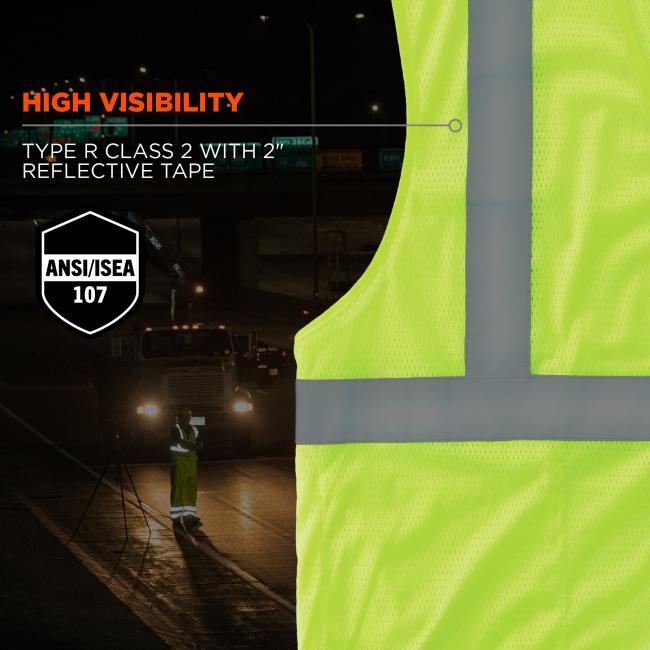 High visibility: type r class 2 with 2” reflective tape. Meets ANSI/ISEA 107 standards. Image shows shirt detail and reflective tape on construction workers glowing at night
