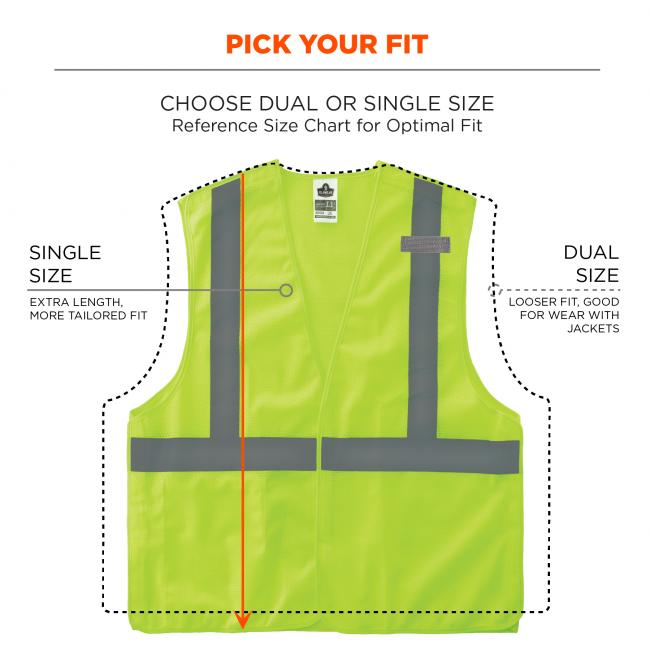 Pick your fit: choose dual or single size. Reference size chart for optimal fit. Single size: extra length, more tailored fit. Dual size: looser fit, good for wear with jackets. Image shows different between single size and dual size. 